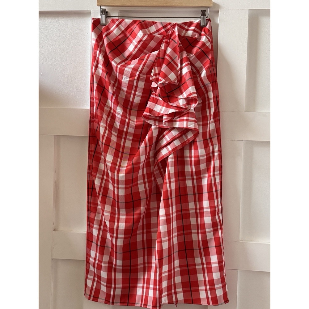 J. Crew Collection Red White Plaid Ruffle Front Midi Skirt Size 6 BW146